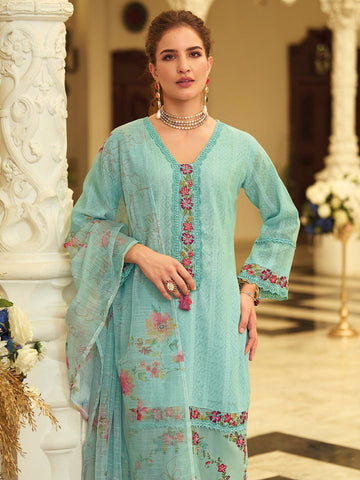 Varanga Women Floral Motif Thread Embroidered & Orangza Lace Detailed Kurta With Trouser & Dupatta